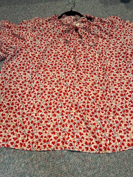 Max Studio Red Floral Tie-Neck Flutter Sleeve Blouse - Picture 9 of 9